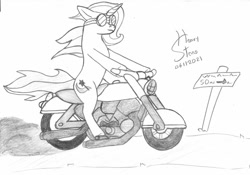 Size: 1280x896 | Tagged: safe, artist:heavysteno, imported from derpibooru, trixie, pony, unicorn, female, mare, motorcycle, sketch, solo, traditional art