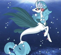 Size: 1090x970 | Tagged: safe, artist:angelxd3mon, imported from derpibooru, oc, oc only, pony, seapony (g4), starfish, unicorn, blue mane, bubble, crepuscular rays, dorsal fin, female, fin wings, fish tail, flowing tail, horn, ocean, pearl, seaponified, solo, species swap, sunlight, swimming, tail, underwater, water, wings