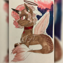 Size: 2245x2245 | Tagged: safe, artist:jdash15, imported from derpibooru, oc, oc only, alicorn, pony, seapony (g4), collar, fin wings, fish tail, high res, horn, pink mane, red eyes, seaponified, simple background, solo, species swap, tail, watermark, white background, wings