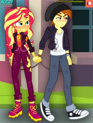 Size: 450x600 | Tagged: safe, artist:uzzi-ponydubberx, imported from derpibooru, sunset shimmer, oc, oc:eclipse shadow, equestria girls, equestria girls series, spoiler:eqg series (season 2), blushing, bracelet, canon x oc, clothes, commission, converse, eclipset, female, happy, jacket, jewelry, male, music festival outfit, pants, patreon, serious, shipping, shoes, sneakers