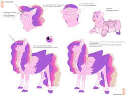 Size: 4000x3000 | Tagged: safe, artist:anelaponela, imported from derpibooru, princess cadance, alicorn, pegasus, pony, baby, baby pony, cheek fluff, colored wings, cyrillic, ear fluff, female, headcanon, horn, looking at you, pegasus cadance, redesign, reference sheet, russian, simple background, smiling, solo, translated in the comments, travelersverse, wings