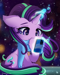 Size: 2400x3000 | Tagged: safe, artist:symbianl, imported from derpibooru, starlight glimmer, pony, unicorn, andoreble, belly fluff, cellphone, cheek fluff, clothes, crying, cute, ear fluff, elbow fluff, female, glimmerbetes, glowing horn, high res, hoof fluff, hoof over mouth, horn, magic, magic aura, mare, married, phone, smartphone, smiling, solo, sweater, tears of joy, telekinesis, tummy fluff