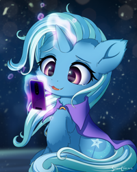 Size: 2400x3000 | Tagged: safe, artist:symbianl, imported from derpibooru, trixie, pony, unicorn, :3, cellphone, cheek fluff, cracked, cute, cute little fangs, diatrixes, ear fluff, elbow fluff, fangs, female, glowing horn, high res, hoof fluff, horn, magic, magic aura, mare, married, neck fluff, open mouth, open smile, phone, signature, smartphone, smiling, snaggletooth, solo, telekinesis