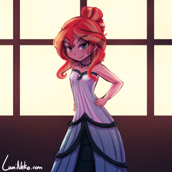 Size: 750x750 | Tagged: safe, artist:lumineko, imported from derpibooru, sunset shimmer, equestria girls, bare shoulders, clothes, cute, dress, elegant, female, hand on hip, looking at you, shimmerbetes, smiling, smiling at you, smirk, solo, solo female, strapless dress
