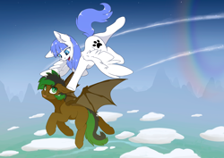 Size: 3508x2480 | Tagged: safe, artist:wbp, imported from derpibooru, oc, oc:snow pup, bat pony, pegasus, pony, commission, ear fluff, flying, high res, simple background, sonic rainboom