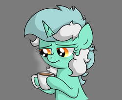 Size: 2307x1878 | Tagged: safe, artist:background basset, imported from derpibooru, lyra heartstrings, pony, unicorn, bust, coffee, coffee mug, gray background, mug, simple background, solo