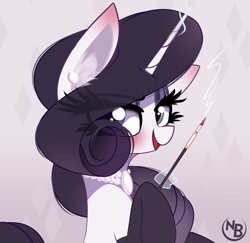 Size: 2574x2499 | Tagged: safe, artist:nevobaster, imported from derpibooru, rarity, pony, unicorn, abstract background, avatar, bust, cigarette, cigarette holder, female, high res, jewelry, levitation, looking at you, magic, mare, smoke, solo, telekinesis