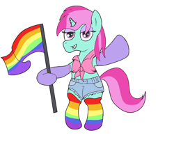 Size: 1200x1028 | Tagged: safe, artist:amateur-draw, imported from derpibooru, oc, oc only, oc:belle boue, pony, unicorn, bipedal, clothes, crossdressing, daisy dukes, denim shorts, evening gloves, femboy, front knot midriff, gloves, holding a flag, long gloves, makeup, male, midriff, pride, pride flag, pride month, rainbow socks, shorts, simple background, socks, solo, stallion, striped socks, white background