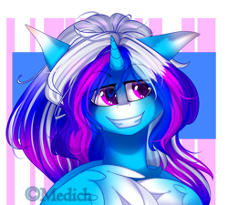 Size: 2579x2326 | Tagged: safe, artist:mediasmile666, imported from derpibooru, oc, oc only, alicorn, pony, abstract background, alicorn oc, bust, colored wings, female, gradient wings, grin, high res, horn, mare, smiling, solo, wings