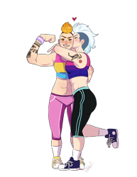 Size: 1700x2200 | Tagged: safe, artist:theartfox2468, imported from derpibooru, fleetfoot, spitfire, human, abs, alternate hairstyle, belly button, bisexual pride flag, blushing, cheek kiss, clothes, converse, ear piercing, earring, eyebrow piercing, eyes closed, female, fleetfire, flexing, grin, heart, hug, humanized, jewelry, kiss on the cheek, kissing, lesbian, muscles, nose piercing, pansexual, pansexual pride flag, pants, piercing, pride, pride flag, pride month, shipping, shoes, simple background, smiling, sneakers, socks, sports bra, sweatpants, tattoo, trans female, transgender, transgender pride flag, transparent background, wristband