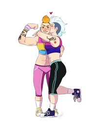 Size: 1700x2200 | Tagged: safe, alternate version, artist:theartfox2468, imported from derpibooru, fleetfoot, spitfire, human, abs, alternate hairstyle, belly button, bisexual pride flag, blushing, cheek kiss, clothes, converse, ear piercing, earring, eyebrow piercing, eyes closed, female, fleetfire, flexing, grin, heart, hug, humanized, jewelry, kiss on the cheek, kissing, lesbian, muscles, nose piercing, pansexual, pansexual pride flag, pants, piercing, pride, pride flag, pride month, shipping, shoes, simple background, smiling, sneakers, socks, sports bra, sweatpants, tattoo, trans female, transgender, transgender pride flag, white background, wristband