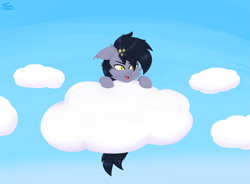 Size: 2611x1926 | Tagged: safe, artist:graphictoxin, artist:toxinagraphica, imported from derpibooru, oc, oc only, oc:ankoret stormice, bat pony, pony, bat pony oc, bat wings, cheek fluff, cloud, cute, eyebrows, fangs, fluffy, hooves, lineless, male, open mouth, sky, smiling, solo, stallion, stars, wings