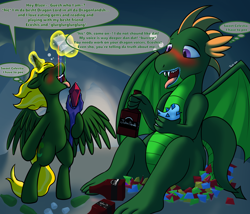 Size: 3500x3000 | Tagged: safe, artist:twoen, imported from derpibooru, oc, oc only, oc:blaze the dragon, oc:prince ecosis, alicorn, dragon, alcohol, alicorn oc, best friends, bipedal, birthday, bloodstone scepter, blushing, burp, cave, cupcake, dragon lord, dragon oc, drinking, drunk, drunk bubbles, food, gem, gemstones, glass, high res, horn, magic, need to pee, potty time, sapphire, sapphire cupcake, shot glass, shots, sitting, slurred speech, speech bubble, spread wings, thought bubble, tongue out, wings