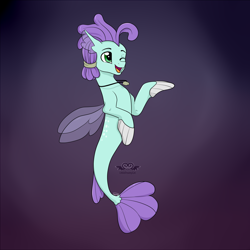 Size: 2000x2000 | Tagged: safe, artist:victorymon, imported from derpibooru, oc, oc only, seapony (g4), dorsal fin, fin wings, fins, fish tail, green eyes, high res, jewelry, logo, male, necklace, one eye closed, open mouth, purple background, simple background, smiling, solo, tail, wings, wink