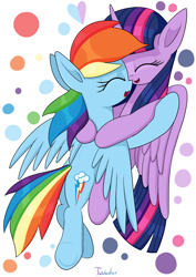 Size: 2480x3507 | Tagged: safe, artist:twidasher, imported from derpibooru, rainbow dash, twilight sparkle, alicorn, pegasus, pony, duo, eyes closed, female, heart, high res, hug, lesbian, mare, open mouth, open smile, shipping, signature, simple background, smiling, twidash, twilight sparkle (alicorn), white background