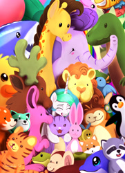 Size: 1950x2700 | Tagged: safe, artist:darksly, imported from derpibooru, princess celestia, alicorn, bird, cat, dinosaur, dolphin, duck, elephant, fox, giraffe, monkey, penguin, pony, raccoon, atg 2021, cute, cutelestia, eyes closed, newbie artist training grounds, open mouth, plushie, stuffed animals