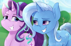 Size: 1500x971 | Tagged: safe, artist:midnightpremiere, imported from derpibooru, starlight glimmer, trixie, pony, unicorn, no second prances, female, grin, looking at each other, mare, scene interpretation, smiling