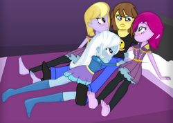 Size: 1960x1397 | Tagged: safe, artist:grapefruit-face, imported from derpibooru, fuchsia blush, lavender lace, trixie, oc, oc:grapefruit face, equestria girls, barefoot, base used, bed, bedroom eyes, blushing, clothes, feet, looking at each other, show accurate, snuggling, socks, stocking feet, trixie and the illusions