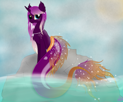 Size: 1800x1500 | Tagged: safe, artist:purple-pinion, imported from derpibooru, oc, oc only, merpony, pony, sea pony, unicorn, blue eyes, dorsal fin, female, fish tail, horn, jewelry, necklace, ocean, rock, seaponified, signature, sky, smiling, solo, sparkles, species swap, sun, sunlight, tail, water