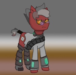Size: 687x677 | Tagged: safe, artist:kvas!, imported from derpibooru, oc, oc only, oc:gear tear, earth pony, pony, fallout equestria, augmented, clothes, earth pony oc, foe, glasses, orange eyes, pipbuck, pockets, reference, ripping clothes, short tail, simple background, solo