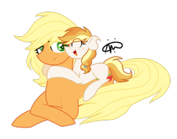 Size: 1058x831 | Tagged: safe, artist:gallantserver, imported from derpibooru, applejack, oc, oc:marmalade melody, earth pony, pony, female, filly, freckles, hug, lying down, magical lesbian spawn, mother and child, mother and daughter, neck hug, offspring, parent:applejack, parent:oc:silverlay, parent:rarity, parents:canon x oc, parents:rarijack, parents:silverjack, prone, simple background, transparent background