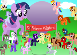 Size: 1678x1200 | Tagged: safe, artist:phantom arts, imported from derpibooru, diamond tiara, silver spoon, twilight sparkle, oc, oc:banana pie, oc:clone number 407, oc:cocoa, oc:double click, oc:doubleclick, oc:duran, oc:firefighter girl, oc:flare flare, oc:gearwork, oc:green anon, oc:mahna, oc:mclovin, oc:phantom thorns, oc:redmix, oc:spirit spark, oc:tangerine cookie, oc:tangy, oc:twizilla, oc:wingdance, alicorn, bat pony, earth pony, eevee, kirin, mimikyu, orca, orca pony, original species, pegasus, unicorn, banana, banner, celebration, female, food, group shot, hill, male, mare, pokémon, stallion, twilight sparkle (alicorn)