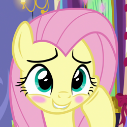 Size: 1080x1080 | Tagged: safe, imported from derpibooru, screencap, fluttershy, pegasus, pony, best gift ever, blushing, cropped, cute, female, lip bite, mare, shyabetes, smiling, solo