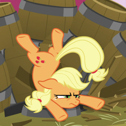 Size: 1080x1080 | Tagged: safe, imported from derpibooru, screencap, applejack, earth pony, pony, father knows beast, season 8, spoiler:s08, applejack is not amused, barrel, cropped, female, hatless, mare, missing accessory, silly, silly pony, solo, unamused, who's a silly pony