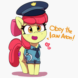 Size: 3000x3000 | Tagged: safe, artist:pabbley, imported from derpibooru, apple bloom, earth pony, pony, adorabloom, cuffs, cute, dialogue, female, filly, hat, heart, high res, implied anon, necktie, open mouth, open smile, police uniform, smiling, solo, talking to viewer