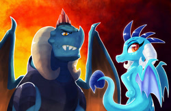 Size: 1280x829 | Tagged: safe, artist:talonsofwater, imported from derpibooru, dragon lord torch, princess ember, dragon, colored pupils, dragoness, father and child, father and daughter, female, hand on hip, male, profile