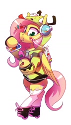 Size: 826x1440 | Tagged: safe, artist:anticular, imported from derpibooru, fluttershy, pegasus, pony, antonymph, backpack, bandaid, bipedal, capri sun, cat socks, cellphone, clothes, cutie mark accessory, drink, drinking, female, fluttgirshy, headphones, hoodie, hoof hold, implied rainbow dash, mare, phone, phone charm, roller skates, simple background, socks, solo, vylet pony, white background