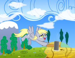 Size: 1250x967 | Tagged: safe, artist:spellboundcanvas, imported from derpibooru, derpy hooves, pegasus, pony, bush, female, flower, flying, hammer, hitting, mare, newbie artist training grounds, open mouth, open smile, smiling, solo, swinging, tree