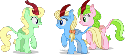 Size: 2711x1188 | Tagged: safe, artist:thatusualguy06, imported from derpibooru, apple cider (character), apple honey, apple tarty, red gala, kirin, apple cider (g4), apple family member, atg 2021, female, grin, kirin-ified, looking at each other, mare, missing cutie mark, newbie artist training grounds, no cutie marks because im lazy, open mouth, open smile, raised hoof, show accurate, simple background, smiling, smiling at each other, species swap, transparent background, trio, trio female, vector