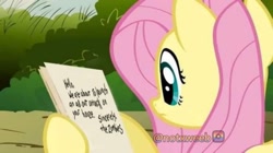 Size: 1283x720 | Tagged: safe, edit, edited screencap, editor:notxweeb, imported from derpibooru, screencap, fluttershy, pegasus, pony, putting your hoof down, female, fluttershy's letter, meme, message, note, paper, plants vs zombies, solo, watermark