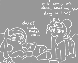 Size: 638x517 | Tagged: safe, artist:jargon scott, imported from derpibooru, oc, oc only, oc:snowdrop, oc:syx, alicorn, pegasus, pony, blind, coffee mug, duo, female, filly, grayscale, magical lesbian spawn, mare, monochrome, mug, offspring, older, older snowdrop, parent:oc:dyx, parent:oc:nyx, parents:nyxdyx, parents:oc x oc, product of incest