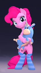Size: 2160x3840 | Tagged: safe, artist:owlpirate, imported from derpibooru, pinkie pie, earth pony, pony, unicorn, 3d, 4k, balloonicorn, bipedal, blender, clothes, cute, diapinkes, female, high res, hug, mare, plushie, socks, solo, source filmmaker, striped socks, team fortress 2