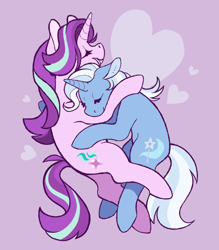 Size: 830x948 | Tagged: safe, artist:beyhr, edit, editor:unofficial edits thread, imported from ponybooru, starlight glimmer, trixie, pony, unicorn, cuddling, cute, duo, eyes closed, female, heart, heart background, lesbian, mare, pink background, simple background