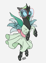 Size: 4000x5500 | Tagged: safe, artist:evan555alpha, imported from ponybooru, oc, oc only, oc:yvette (evan555alpha), changeling, buzzing wings, changeling oc, clothes, colored sketch, cummerbund, dorsal fin, dress, elytra, evan's daily buggo, fangs, female, flying, forked tongue, glasses, green tongue, happy, hooves together, hooves up, long tongue, looking at you, motion lines, partial color, ponybooru exclusive, raised hoof, raised leg, ribbon, round glasses, signature, simple background, sketch, solo, sundress, tongue out, wavy, white background, wide eyes, wings