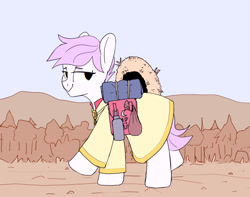 Size: 1302x1027 | Tagged: safe, artist:tallaferroxiv, oc, oc only, earth pony, pony, bag, clothes, female, looking back, mare, newbie artist training grounds, robe, saddle bag, smiling, solo, walking