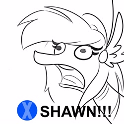 Size: 3000x3000 | Tagged: safe, artist:tjpones, imported from derpibooru, oc, oc only, oc:athena (shawn keller), pegasus, pony, /mlp/, black and white, bust, female, grayscale, guardians of pondonia, heavy rain, high res, jason, mare, meme, monochrome, open mouth, partial color, pegasus oc, shawn, simple background, solo, white background, yelling