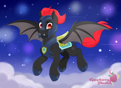 Size: 6419x4679 | Tagged: safe, artist:raspberrystudios, imported from derpibooru, oc, oc only, bat pony, armor, bat pony oc, bat wings, cloud, commission, fangs, flying, looking at you, male, night, night guard, night guard armor, night sky, sky, stallion, stars, wings