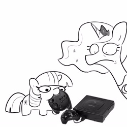 Size: 3000x3000 | Tagged: safe, artist:tjpones, imported from derpibooru, princess luna, twilight sparkle, alicorn, pony, unicorn, gamer luna, black and white, duo, female, filly, filly twilight sparkle, grayscale, high res, mare, monochrome, mouth hold, nom, sega saturn, simple background, squatpony, twiggie, unicorn twilight, white background, younger