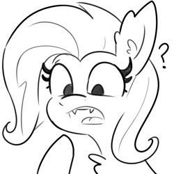 Size: 3000x3000 | Tagged: safe, artist:tjpones, imported from derpibooru, fluttershy, bat pony, pony, bat ponified, black and white, confused, fangs, female, flutterbat, grayscale, high res, mare, monochrome, open mouth, question mark, race swap, simple background, solo, white background