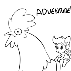 Size: 3000x3000 | Tagged: safe, artist:tjpones, imported from derpibooru, scootaloo, bird, chicken, pegasus, pony, black and white, female, filly, giant animal, giant cock, grayscale, high res, macro, monochrome, riding, rooster, scootachicken, simple background, white background