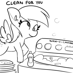 Size: 3000x3000 | Tagged: safe, artist:tjpones, imported from derpibooru, derpy hooves, pegasus, pony, black and white, derpy being derpy, dishes, female, fork, grayscale, high res, mare, monochrome, simple background, solo, suds, this will not end well, washing machine, white background