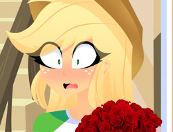 Size: 1238x944 | Tagged: safe, artist:xan-gelx, imported from derpibooru, applejack, equestria girls, blushing, bouquet, female, flower, freckles, open mouth, rose, shrunken pupils, solo