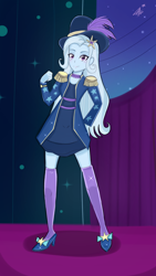 Size: 720x1280 | Tagged: safe, artist:namieart, imported from derpibooru, trixie, equestria girls, clothes, dress, epaulettes, hat, jacket, looking at you, smiling, socks, solo, sparkles, stage, stockings, thigh highs, top hat