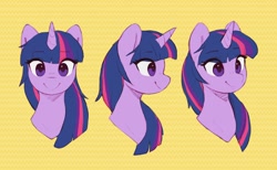 Size: 2728x1684 | Tagged: safe, artist:orchidpony, imported from derpibooru, twilight sparkle, pony, unicorn, bust, different angles, eye clipping through hair, eyebrows, eyebrows visible through hair, female, high res, mare, portrait, practice, simple background, smiling, solo, unicorn twilight