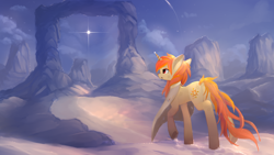 Size: 2560x1440 | Tagged: safe, artist:ssnerdy, imported from derpibooru, oc, oc only, oc:arcane flame, pony, unicorn, clothes, commission, open mouth, raised hoof, scenery, solarflareseries, solo, stars