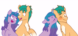 Size: 5808x2730 | Tagged: safe, artist:chub-wub, imported from derpibooru, hitch trailblazer, izzy moonbow, earth pony, pony, unicorn, blaze (coat marking), blushing, cheek kiss, chest fluff, chin fluff, coat markings, duo, eyes closed, facial markings, female, floppy ears, g5, high res, izzyhitch, kiss on the cheek, kissing, looking at each other, male, mare, one eye closed, open mouth, pale belly, raised hoof, shipping, simple background, socks (coat markings), stallion, straight, white background